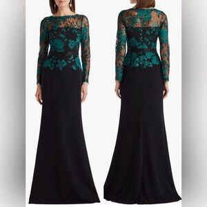 NEW Tadashi Shoji Beacon Floral Lace Embroidery Long Sleeve black green Gown 10
